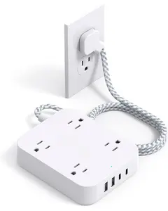 Flat Plug Extension Cord,  5ft Power Strip with 4 USB Ports Desk Charging Station for Office School Travel Dorm Room Essentials, ETL Listed