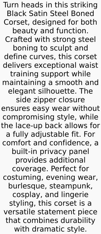 Top Drawer Black Satin Steel Boned Overbust Corset w/Side Zipper