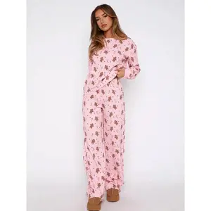 Christmas Women‘s Outfits Casual Gingerbread Print Long Sleeve Tops and Elastic Pants 2 Piece Set Streetwear