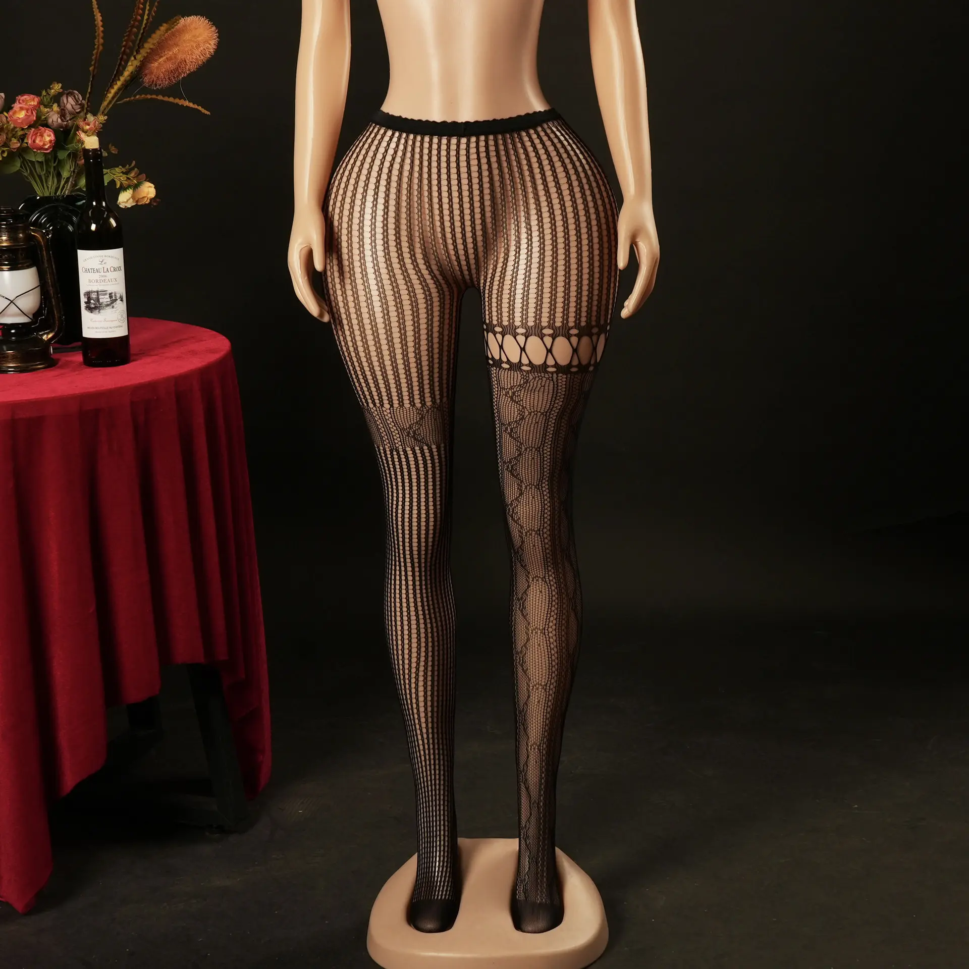 Women's Asymmetric Mismatched Lace Fishnet Thigh-High Pantyhose - Bold Striped Jacquard, Sheer Lingerie, Reinforced Toe, Rock Chic Statement Style, for Party Night Wear, Black