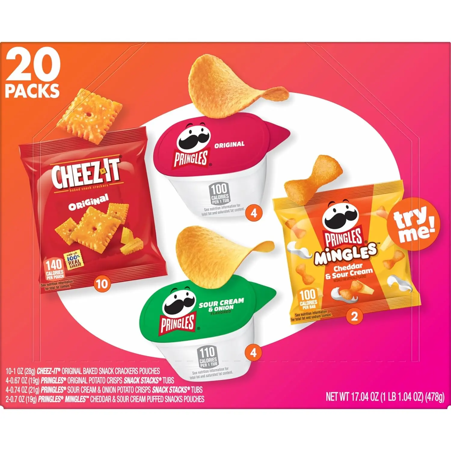 Kellogg's Sour Cheese-Flavored Cheez-It & Pringles Crisps Variety Pack, Grab-and-Go Snacks, 17.04oz Box (20 Count)