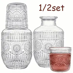 Large Capacity Vintage Embossed Glass Bedside Carafe & Tumbler Set - Ins Style Hotel-Grade Thickened Explosion-Proof Water Pitcher with Dustproof Inverted Cup, High-End 1-Piece Drinkware for Bedroom Nightstand/Living Room Hosting