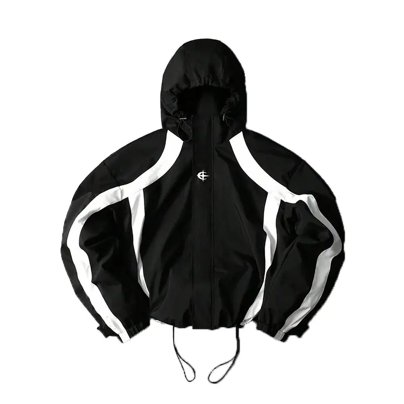 Color blocking striped patchwork jacket, outdoor sports spring and autumn fashion hooded zipper coat, adjustable cuffs and hem, suitable for daily streetwear outfit
