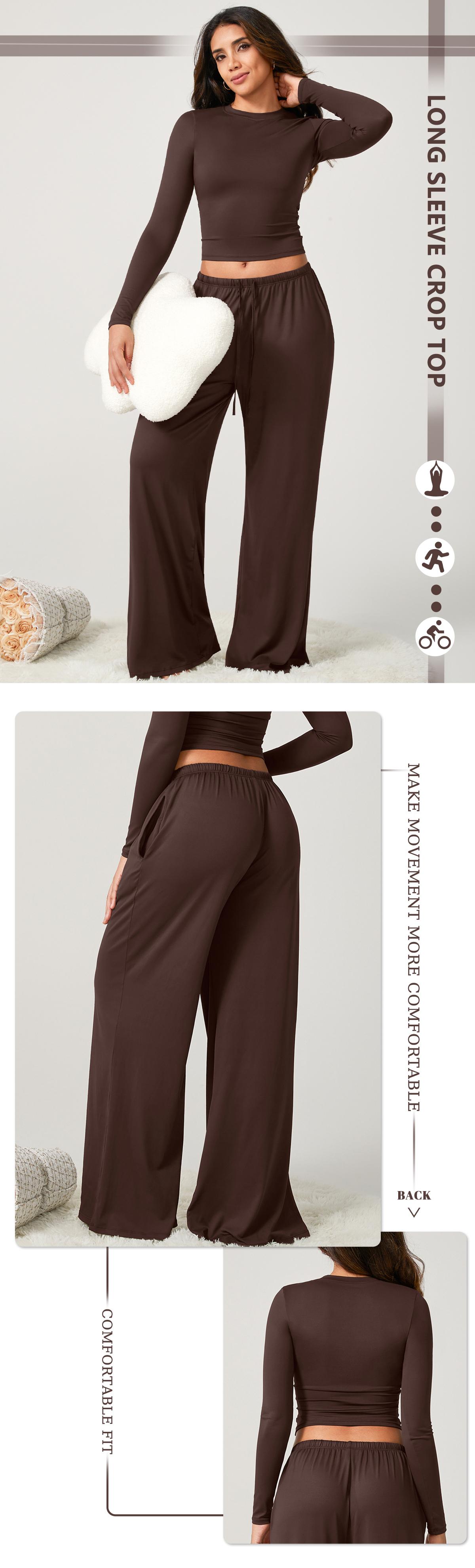 TIMEOFF Women's 2-Piece Stretch Sweatsuit, Solid Cute Clothes Set with Long Sleeve Crop Top and Wide-Leg Pants for Yoga, Sweats