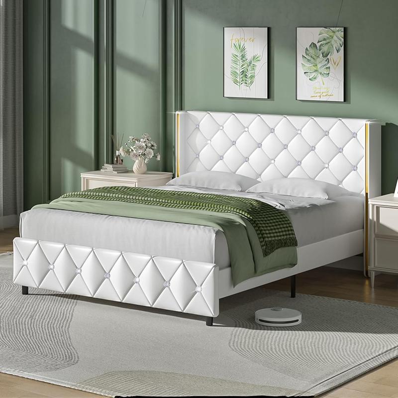 HOMBCK Bed Frame, No Mattress, Upholstered Platform Bed Frame with Wingback Diamond Tufted Headboard