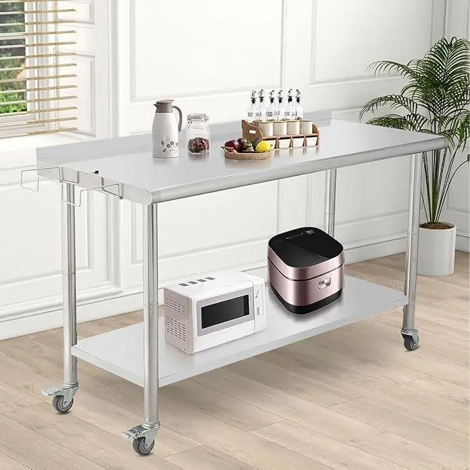 GARVEE Stainless Steel Prep & Work Table with Caster Wheels, Heavy Duty Workbench with Removable Trash Rack & Backsplash