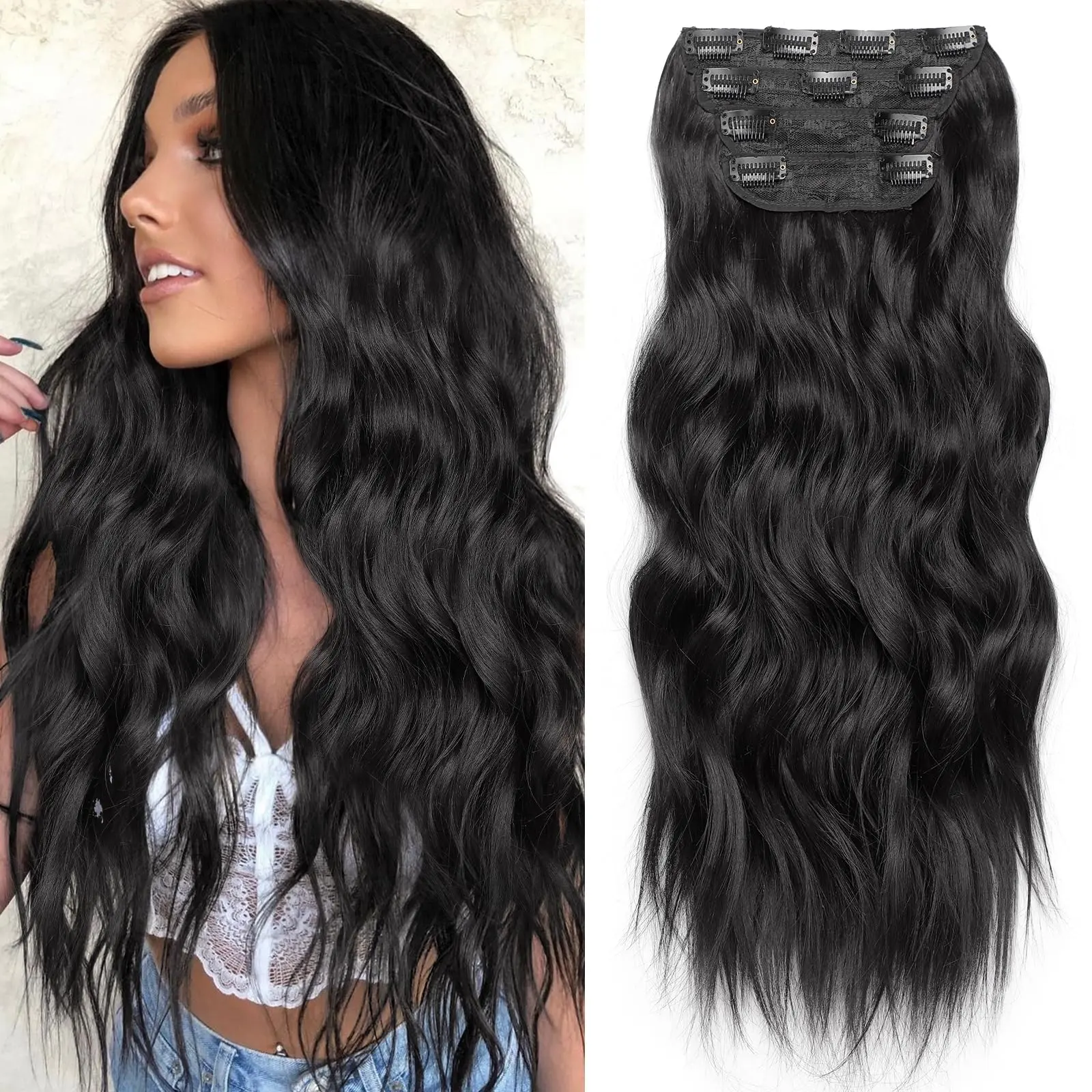 [KooKaStyle] Clip-In Synthetic Hair Extensions Long Wavy 4PCS Thick Hairpieces, 220g Double Weft Extensions for Women, 24 Inch Black Natural Blend