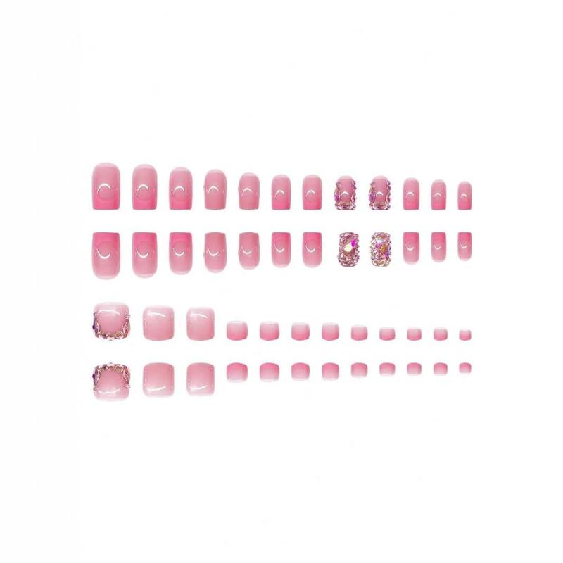 48 Pcs Diamond Press on Nails Pink Press on Toenails Set Square Fake Nails with Design French Tip Glue on Nails Glossy Artificial Acrylic Full Cover False Toe Nails Stick on Nails for Women Manicure