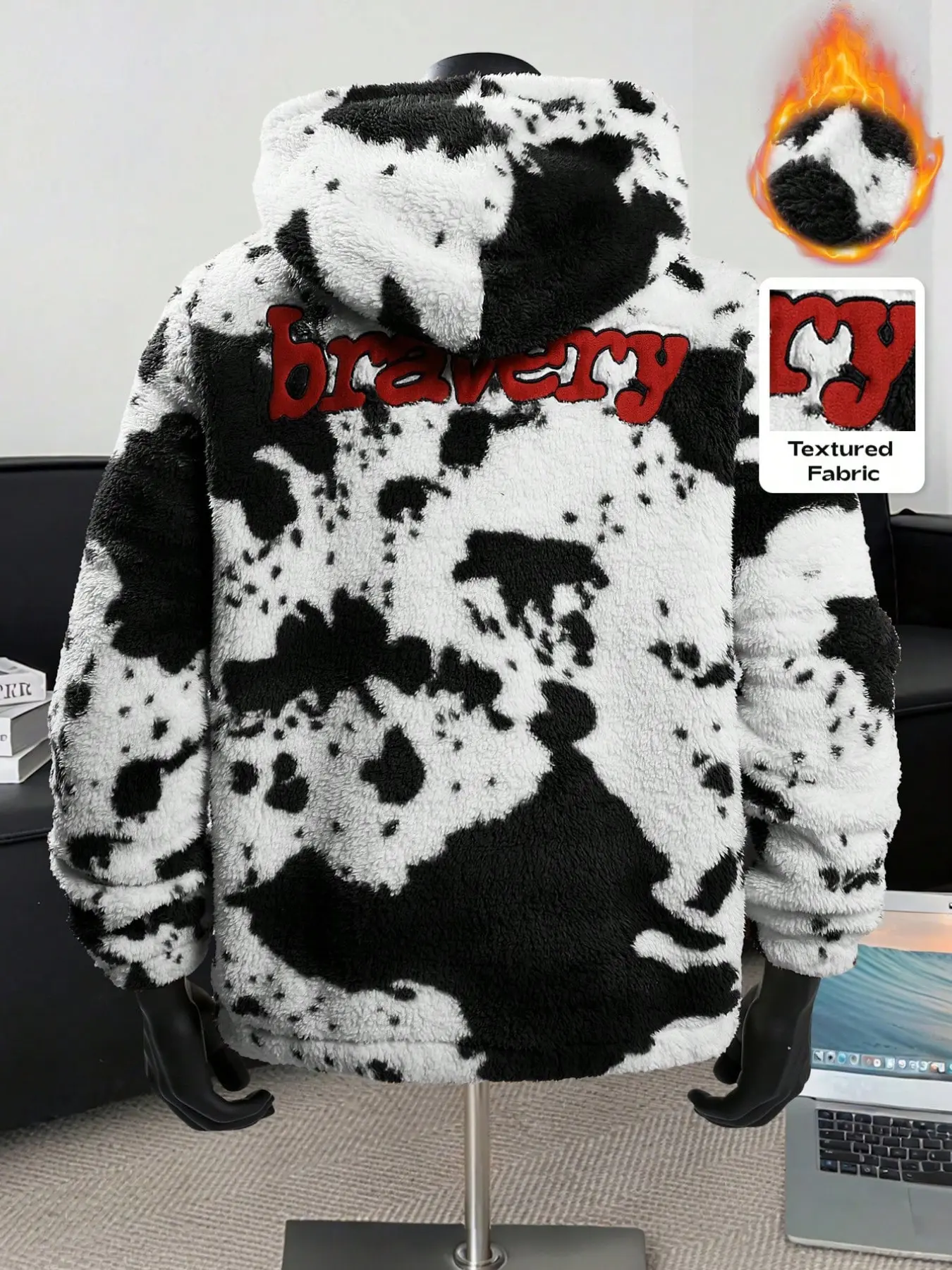 Unisex Heavyweight Sherpa Fleece Hoodie Warm Thermal | Oversized Loose Fit Casual Cow Print Pullover Printed Hoodie for Extreme Cold | Fall Winter Fluffy Hooded Top Drop Shoulder Couple Matching for Outdoor/Ski