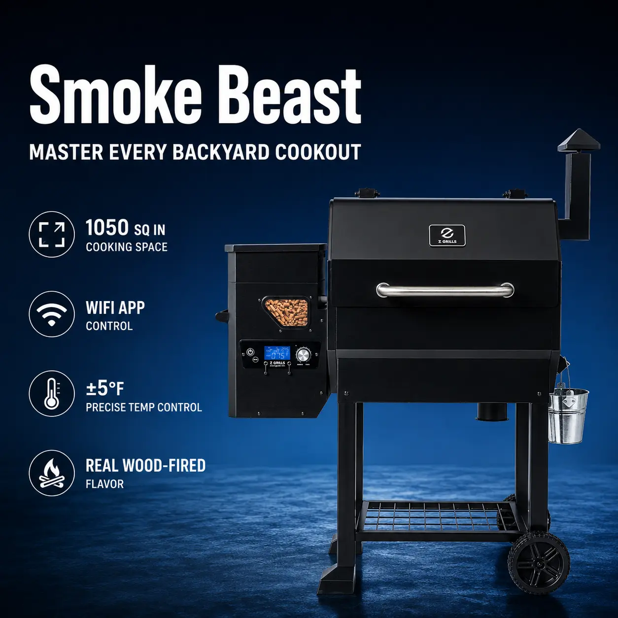 Z Grills 10502B WiFi Pellet Grill & Smoker, 1080 Sq. In. Large Cooking Space, WiFi App Control, PID Temperature Control, Wood-Fired BBQ Flavor