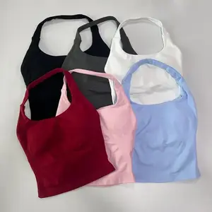 Seamless Halter Top Backless Longline Strappy Padded Gym Top Women Built-in Bra Removable Cups Activewear Yoga Workout Tank Tops Vest Fitness