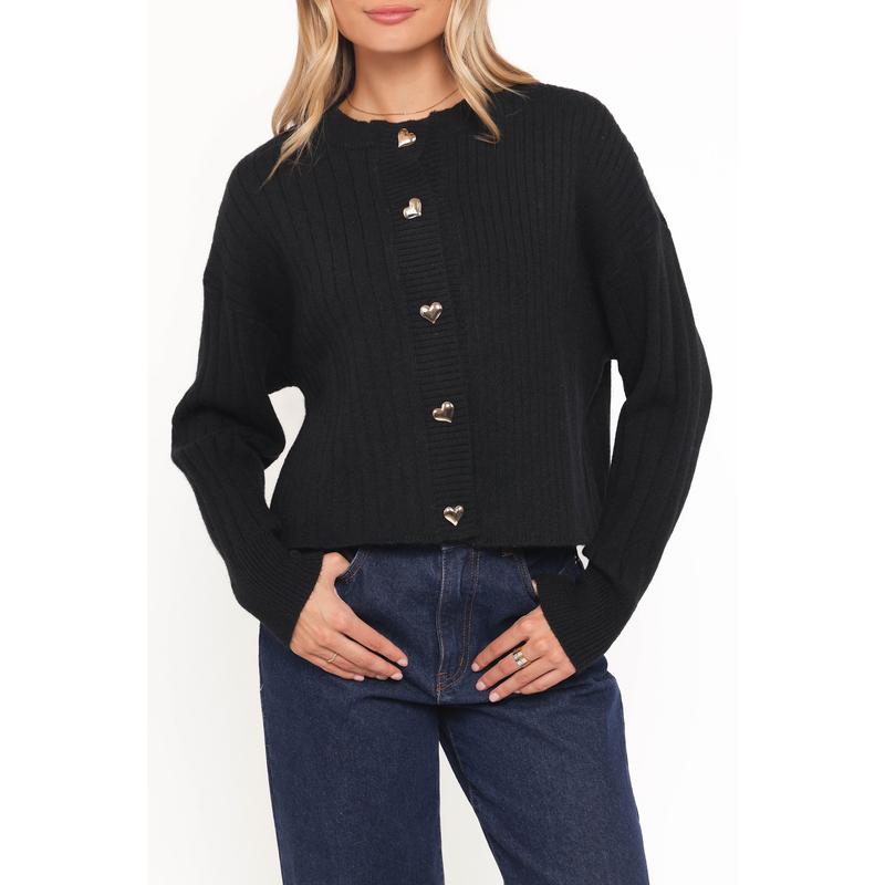 Loulani Heart Button Cardigan - Black