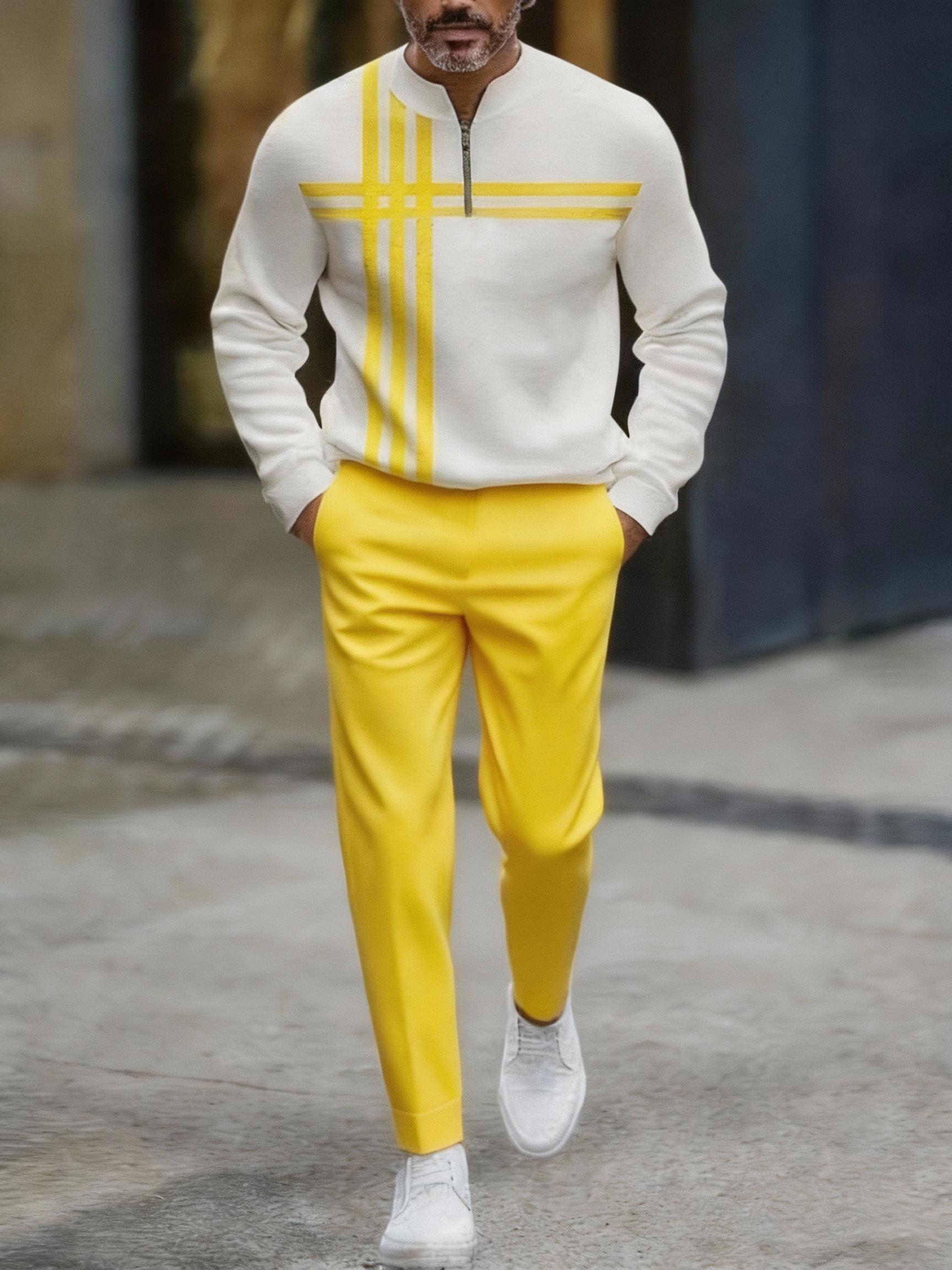 Half Zipper Fashion Casual Set with Trendy Personalized Stripe Design Simple Comfortable Versatile Sportswear Clothing