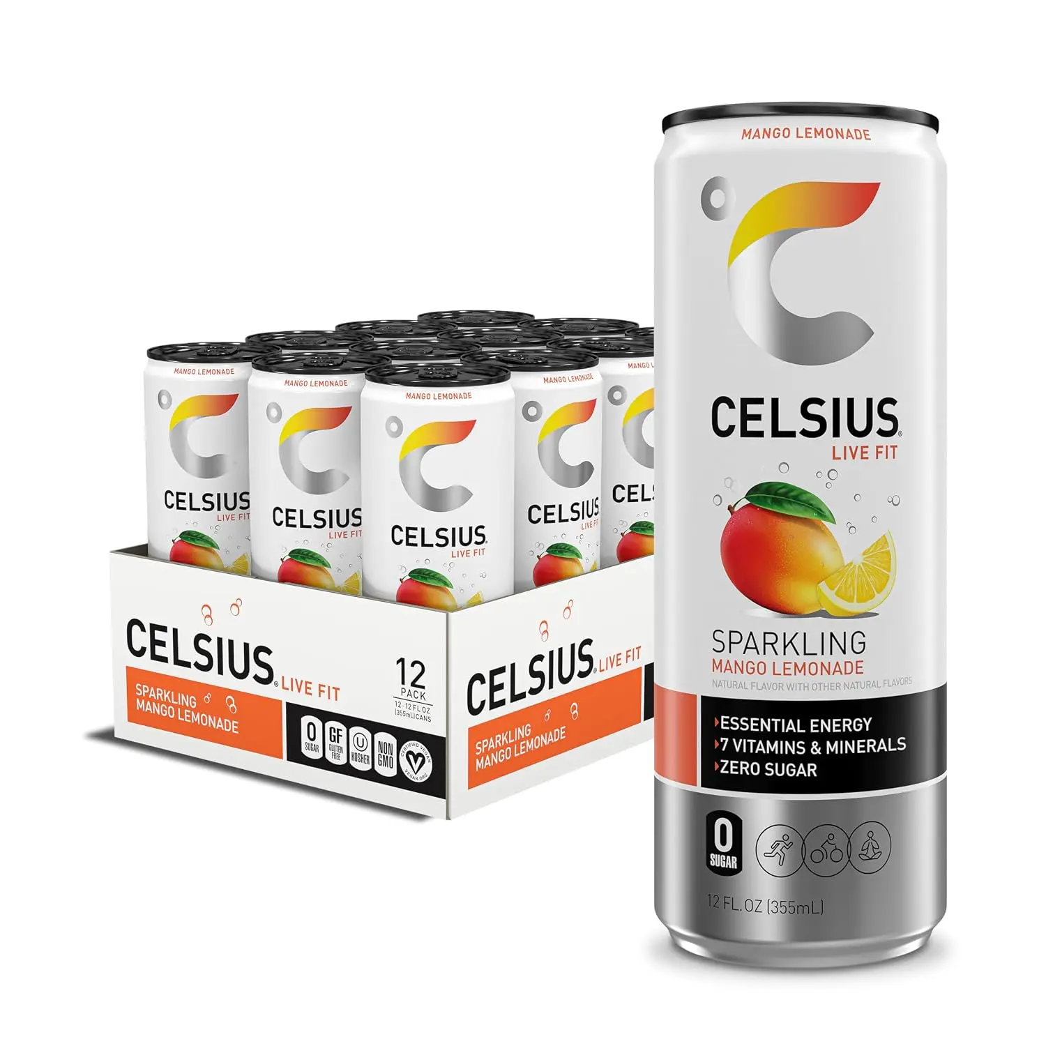CELSIUS Sparkling Mango Lemonade Sugar-Free Energy Drink - 12 fl oz Metal Cans, Pack of 12, Functional Drink with Essential Vitamins for a Vitamin Boost, Metal Can