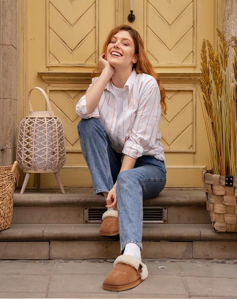 OOW Fuzzy Cozy  Slippers for Women with Memory Foam Comfy Bedroom Fluffy Slippers with Faux Fur Lining Western Cowgirl Boot Slippers Indoor & Outdoor Square Toe