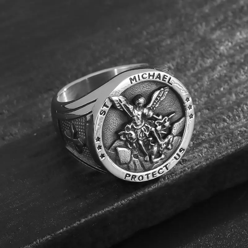 Vintage Engraved St. Michael Medallion Signet Ring for Men | Fashion Jewelry | Gift Selection | Edgy & Stylish | Waterproof & Corrosion-Resistant Material