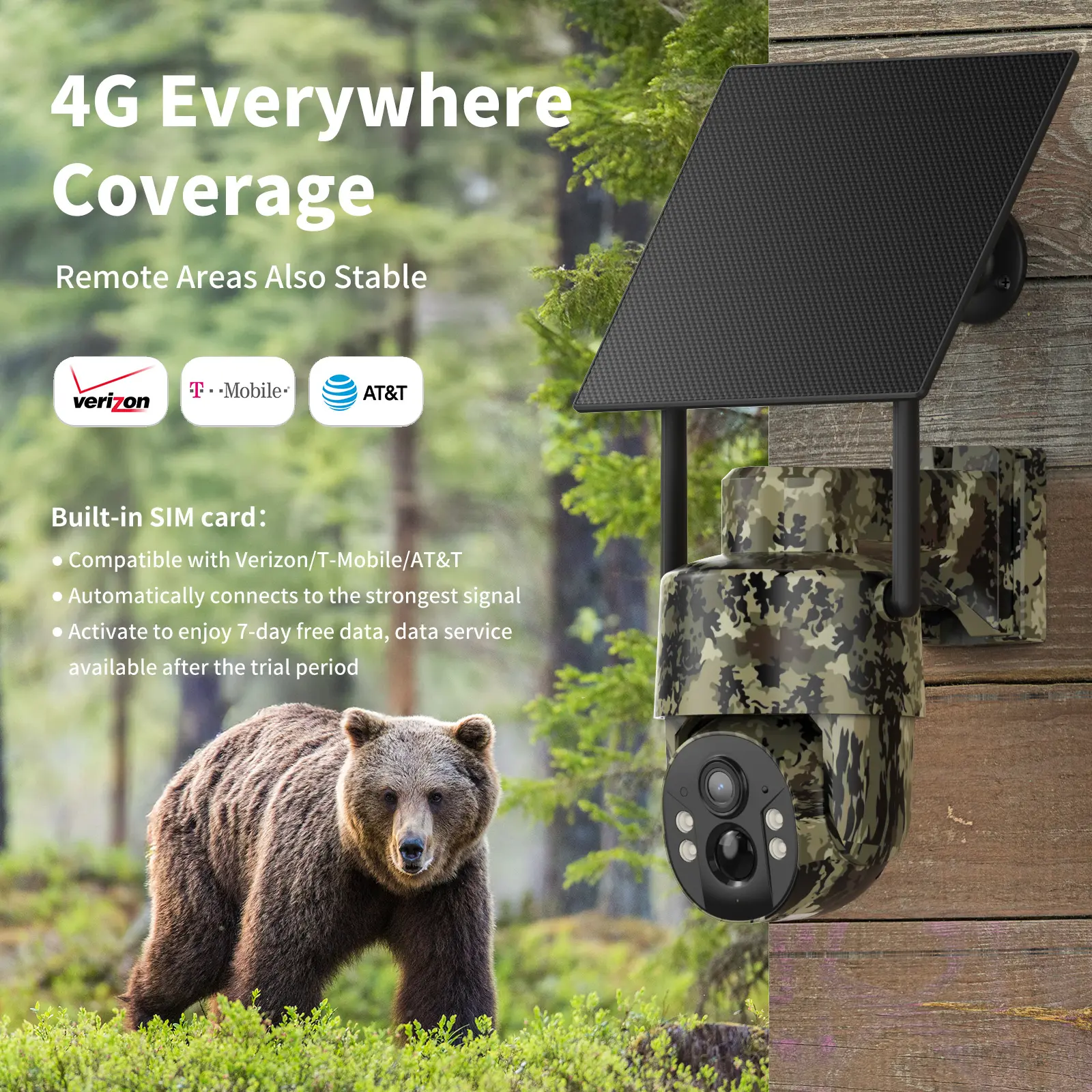[BackToSchool] Solar Powered 4G Security Camera CB174S, 4MP HD Color Night Vision, Built-in Cellular Card, No WiFi Outdoor Camera for Farm/Home with IP65 Waterproof, 4G LTE Data Service need activate tiktokshopbacktoschool, Speaker, Lens, Protection