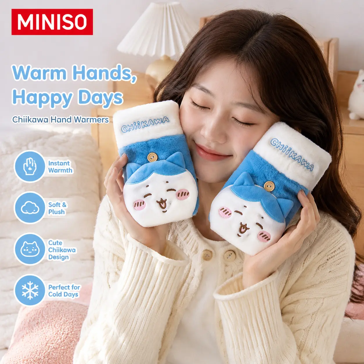 MINISO Chiikawa Plush Gloves, Cute Chiikawa Cartoon Design, Thick Soft Plush Lining for Extra Warmth, Windproof & Cold-Resistant, Snug Comfortable Fit, Great for Daily Wear, Outdoor Strolls and Commuting, Perfect Gift for Chiikawa Fans
