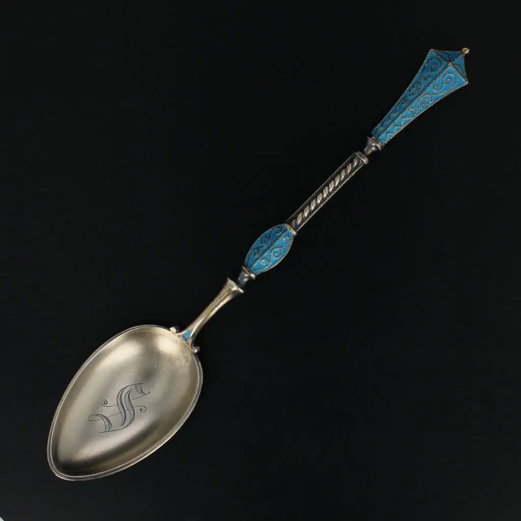 David Andersen Hallmarked 925 Sterling Silver Dragestil Pattern Teaspoon, Engraved Old English S Enamel Monogram, Personalised Engraving Norwegian Kitchenware Cutlery