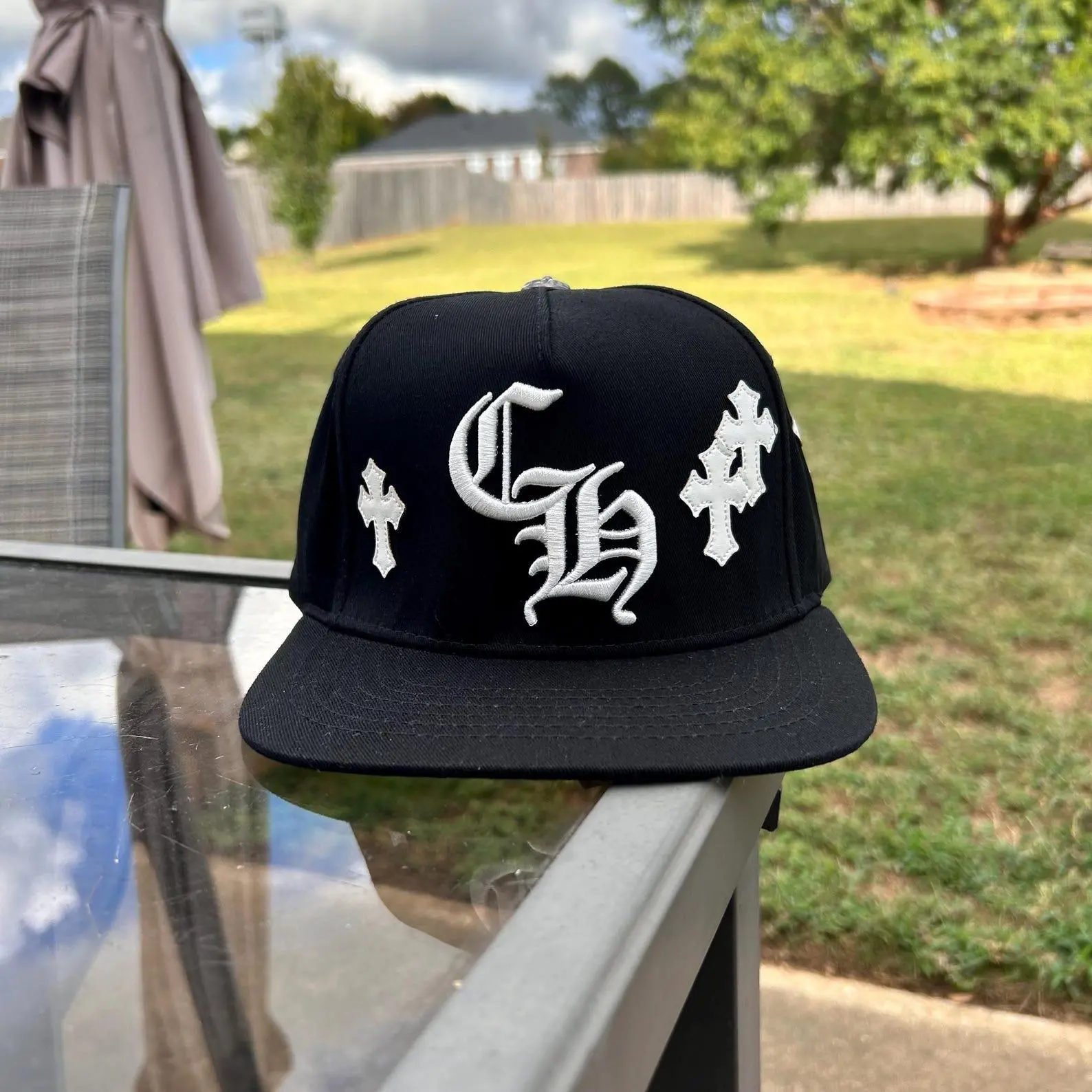 Chrome Hearts CH Embroidered Gothic Cross Flat Brim Snapback Hat Black Streetwear Baseball Cap Adjustable