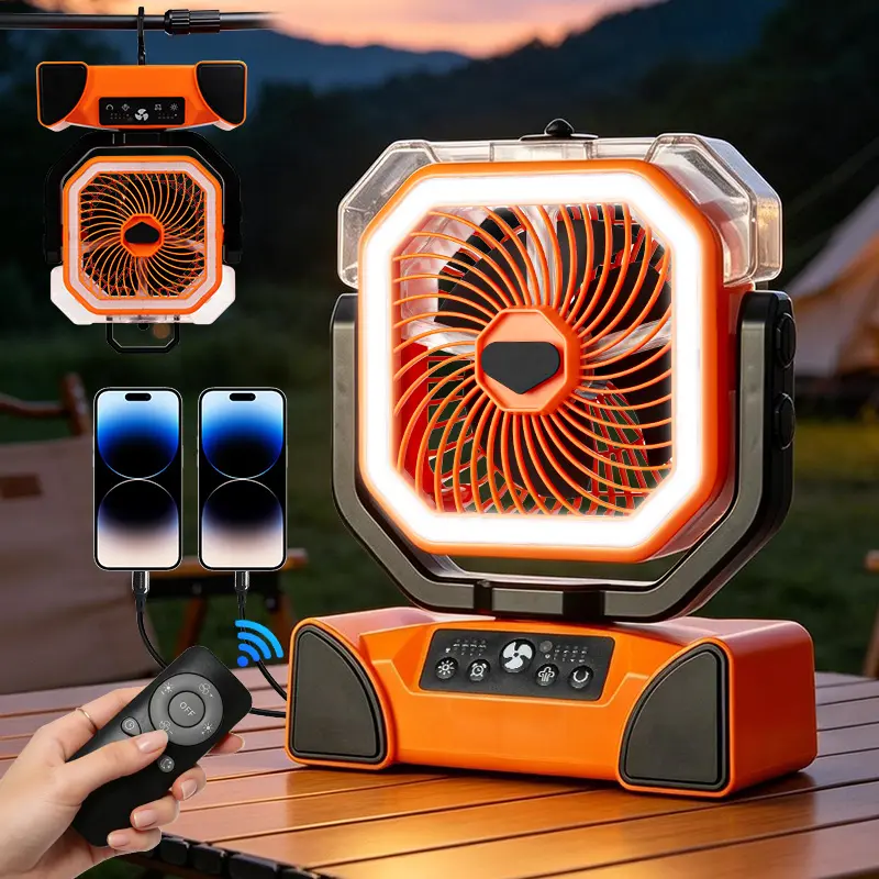USB Rechargeable Wireless Oscillating Fan — Portable misting fan with long battery life; suitable for both vehicle and desktop use; features quiet, powerful airflow, remote control, and an LED light; ideal for camping and office desks.