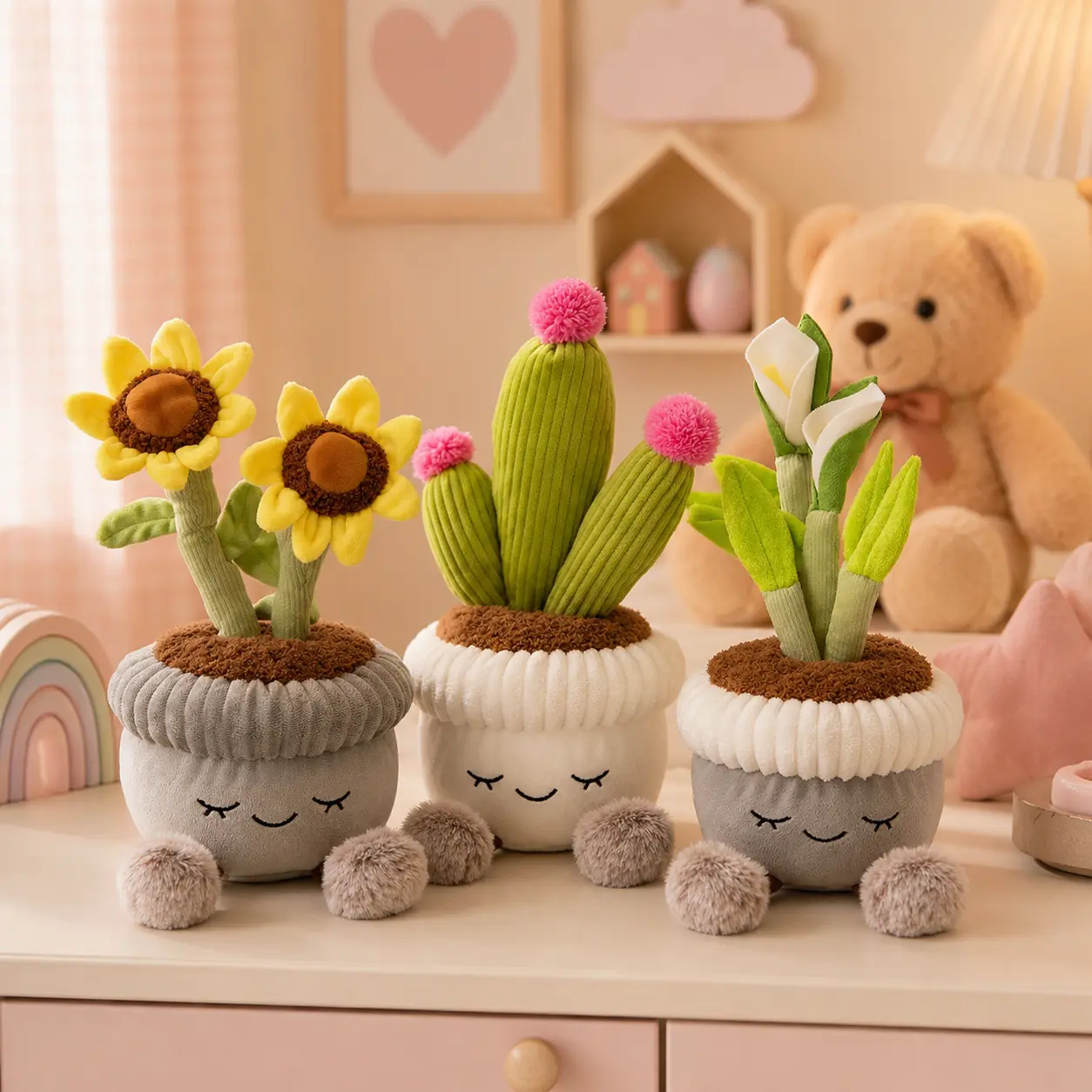 Cuddly Plush Potted Plant Dolls - 5 Cute Styles, Soft Polyester Fiber, No Watering Needed, Ideal for Shelf, Nursery, Room Decoration, Plush Character Figure Stuffed Toys