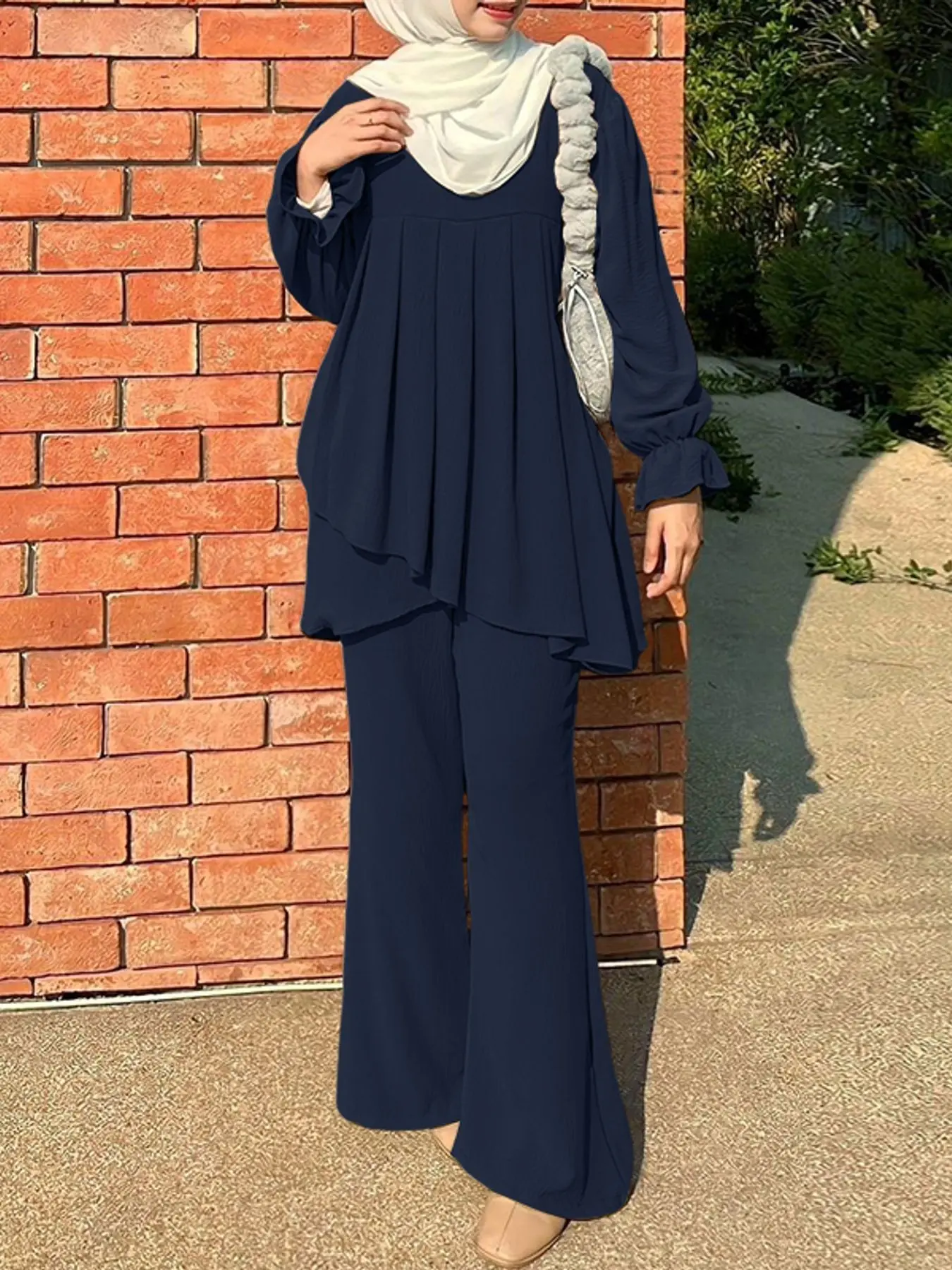 Women's Clothing Casual Solid Color Two-Piece Set, matching sets, Round Neck Long Sleeve Back-Button Blouse & High-Waist Straight-Leg Pants, Matching Co-ord Outfit