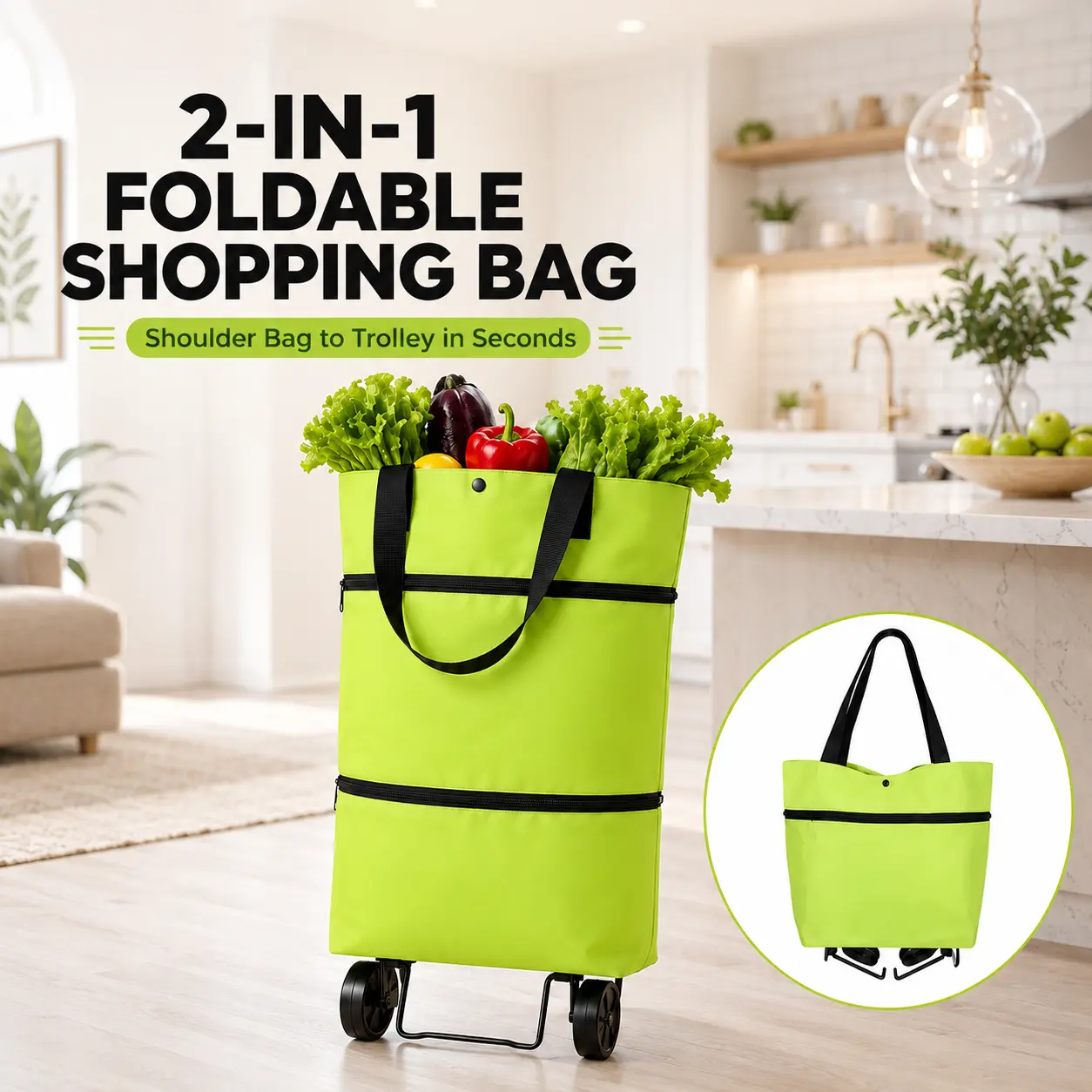 【ANRA】2 in 1 Lightweight Collapsible Shopping Cart,Folding Shopping Bag Cart | Wheels Reusable Shopping Bags Grocery Bags Shopping Travel Bag on Wheels for Women or Men Travel Home Kitchen