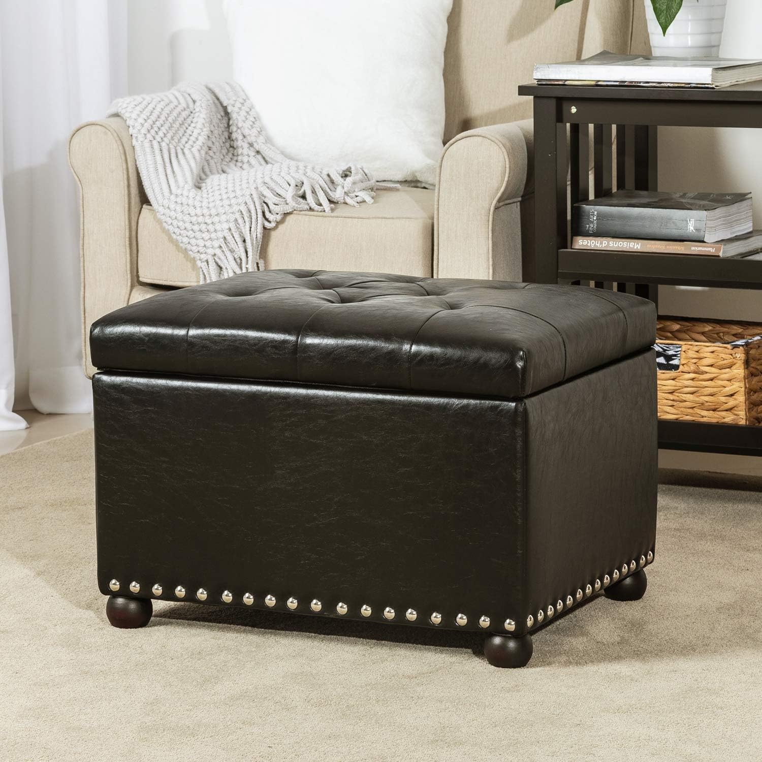 Adeco Rectangular Storage Ottoman, PU Leather Tufted Storage Bench with Lift Off Lid, Coffee Table Footrest Seat for Living Room Bedroom