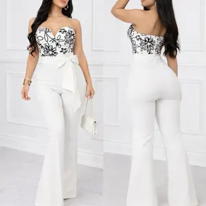 V81-618 Elegant Strapless Floral Embroidered Jumpsuit – High Waist Flare Leg Evening Outfit