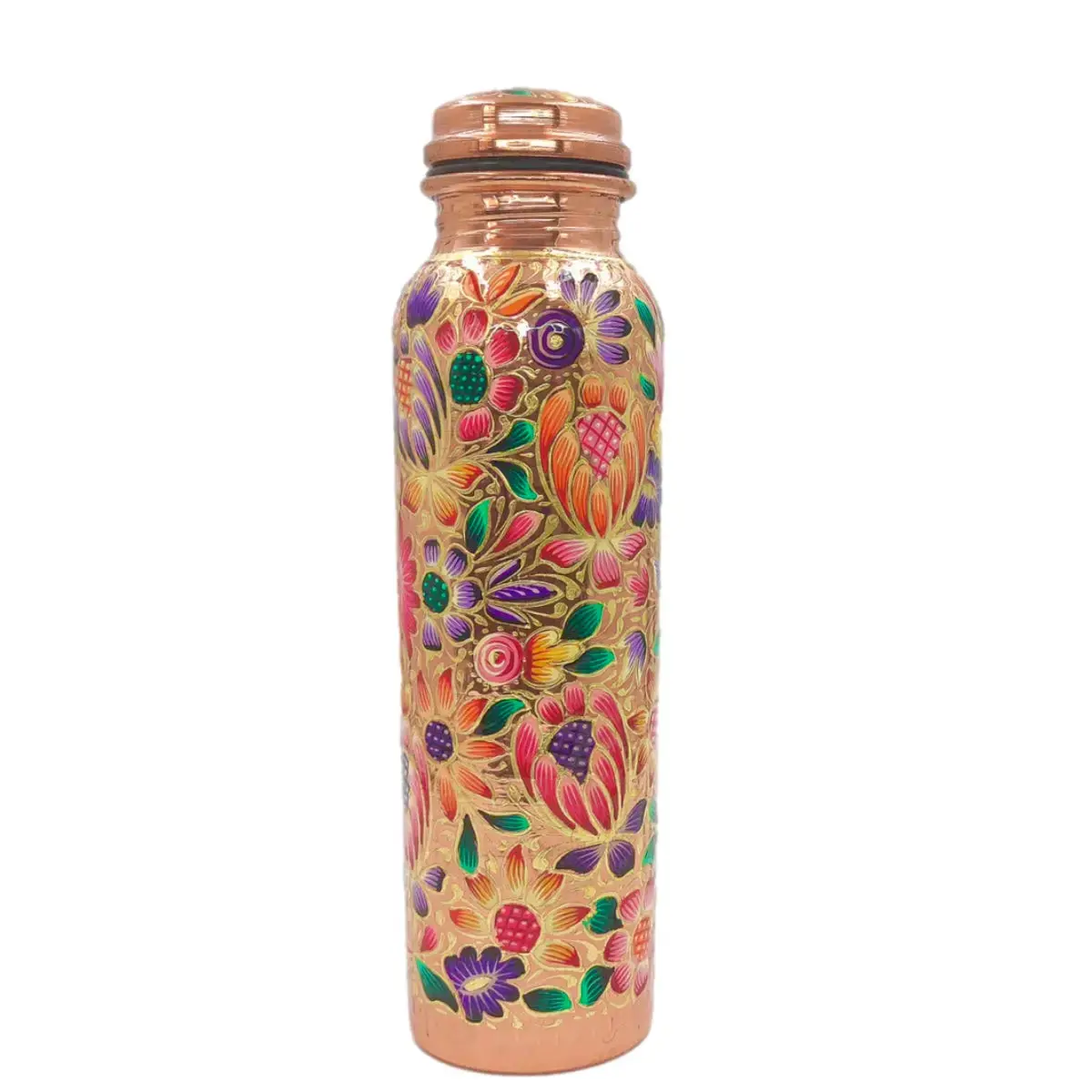 Mexican Copper 1 L / 33 oz. Water Bottle- Hand Painted FLores Drinkware Lid