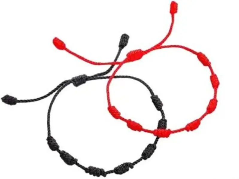 Unisex 7-Knot Bracelet for Good Luck & Protection, Adjustable Classic String Band in Red or Black, 2 Pack Option for Women & Men, 1 Black + 1 Red, 2 Pack Black