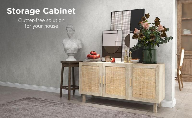 HOMCOM Sideboard Buffet Cabinet, Kitchen Cabinet, Coffee Bar Cabinet with Rattan Doors and Adjustable Shelves
