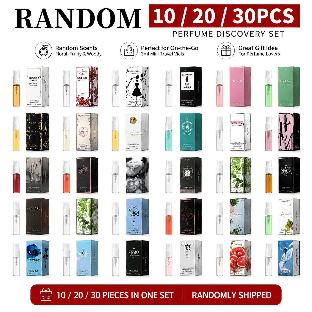 Perfume Discovery Sampler Set, 10-20-30 Piece 3ml Mini Travel Vials with Assorted Floral, Fruity, Woody Scents, Gift Set for Perfume Lovers, Mini Travel Products sohochic