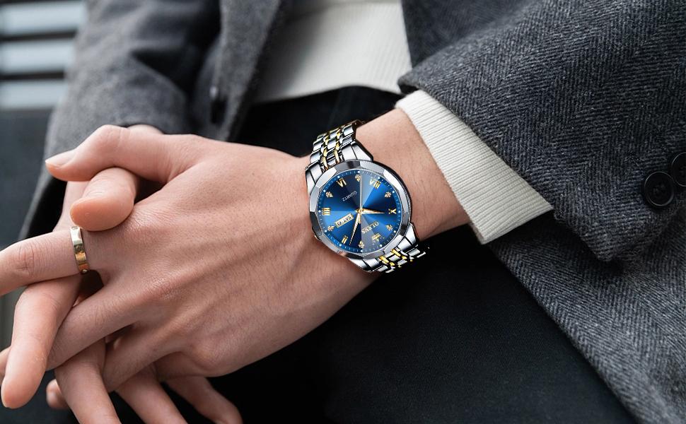 OLEVS Men's Diamond Business Dress Watch Analog Quartz Stainless Steel Waterproof Luminous Date Two Tone Casual Wrist Watches Time Accurate