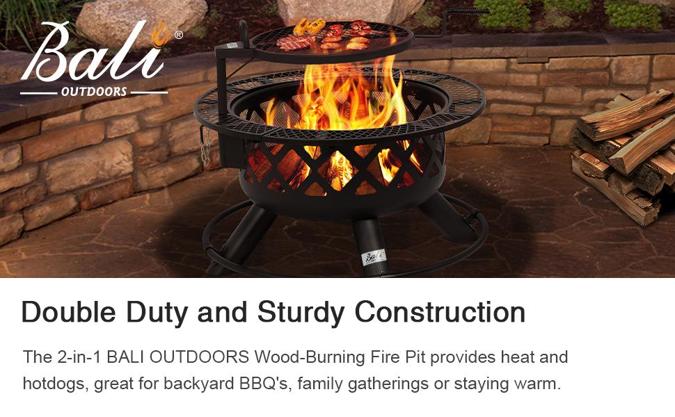 BALI OUTDOORS 2-in-1 Wood Burning Fire Pit with Removable Cooking Grill Black Ultra-Durable Iron Grate 360-Degree Rotation Adjustable Height for Heating and BBQ Christmas gift