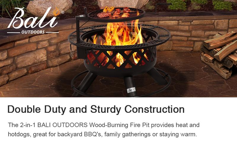 BALI OUTDOORS 2-in-1 Wood Burning Fire Pit with Removable Cooking Grill Black Ultra-Durable Iron Grate 360-Degree Rotation Adjustable Height for Heating and BBQ Christmas gift