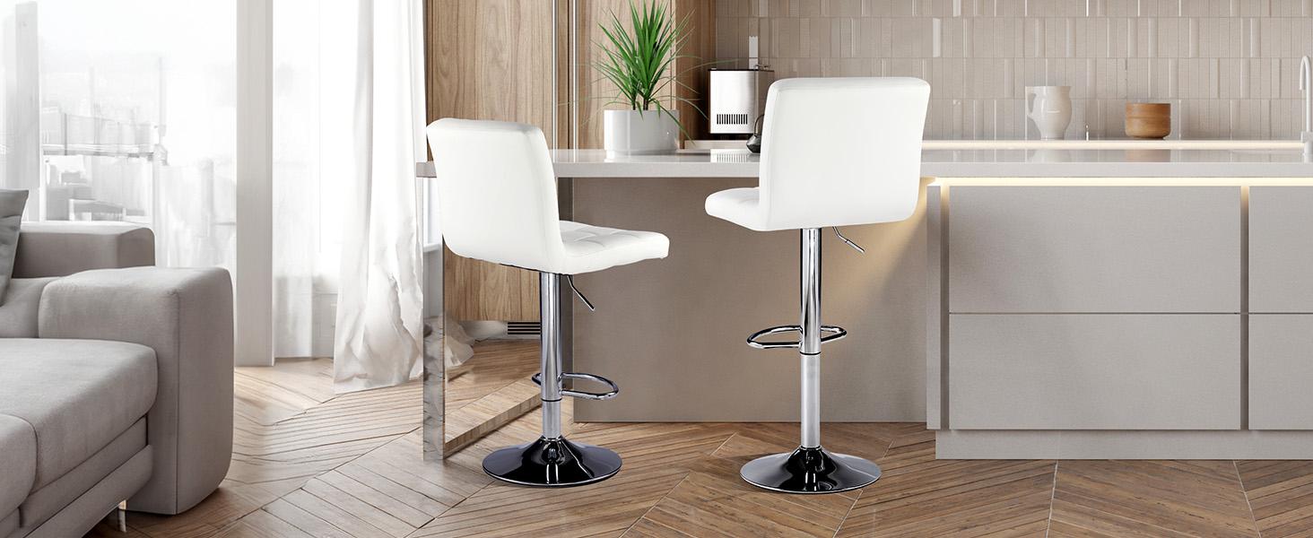 Sweet Furniture F Bar Stools Set of 2, PU Leather Adjustable Swivel Barstools, Armless Hydraulic Kitchen Counter Height Bar Stools, Thickened Seat Cushion Square Island Barstools with Back