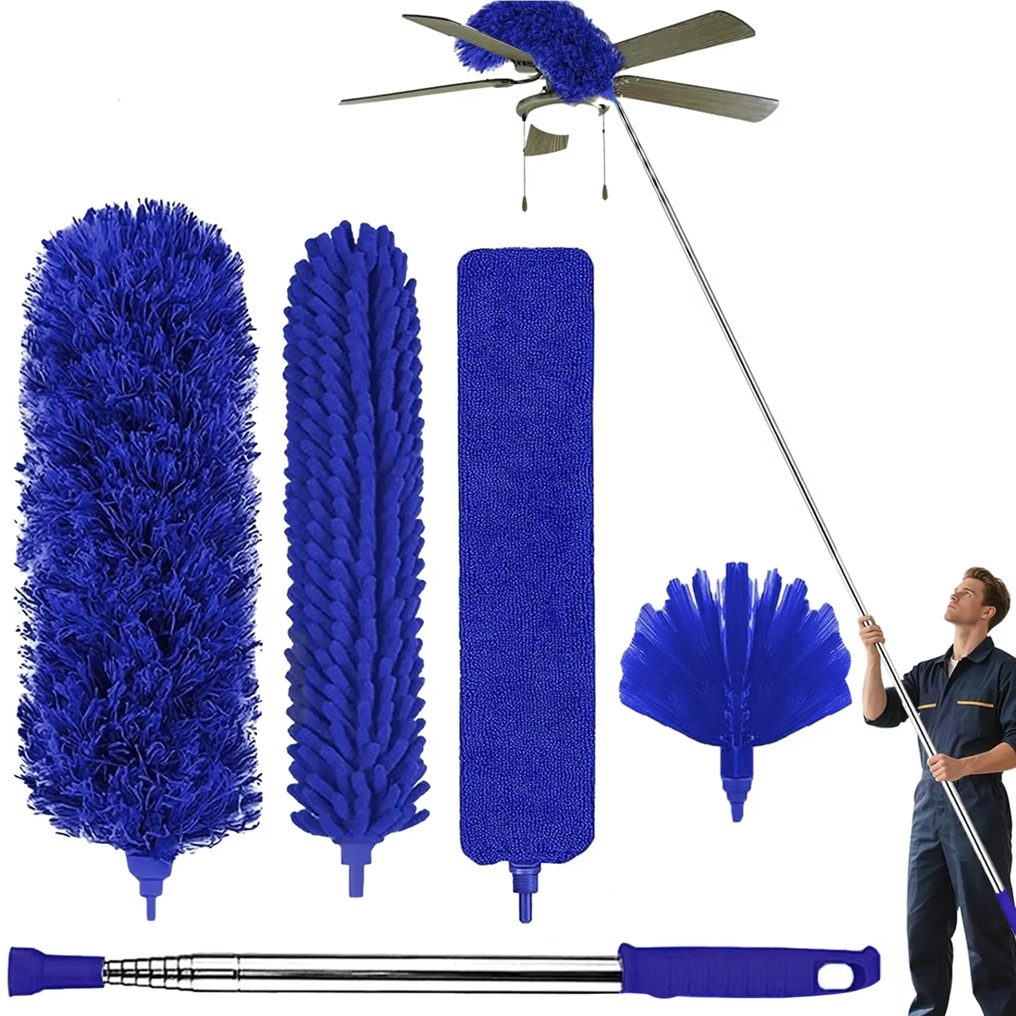 Dusters for Cleaning, Cobweb Duster with Extension Pole, Ceiling Fan Cleaner Duster, Extendable Microfiber Duster for Ceiling Fan Blades Spider Web with Long Handle, Blue Dustremoval Tool