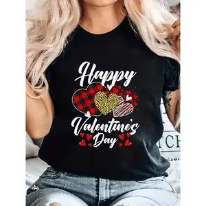 Women'S Valentine'S Day T-Shirt - Happy Valentine'S Day Hearts & Leopard Plaid Print Crew Neck Tee - with Red Hearts - Soft Everyday Casual Top for Valentine'S
