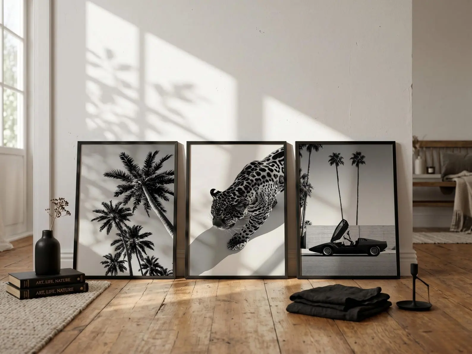 Black & White Leopard Print Set of 3 Luxury Wall Art, Cheetah Poster, Palm Tree Room Decor Printable, High Heels in Classic Car