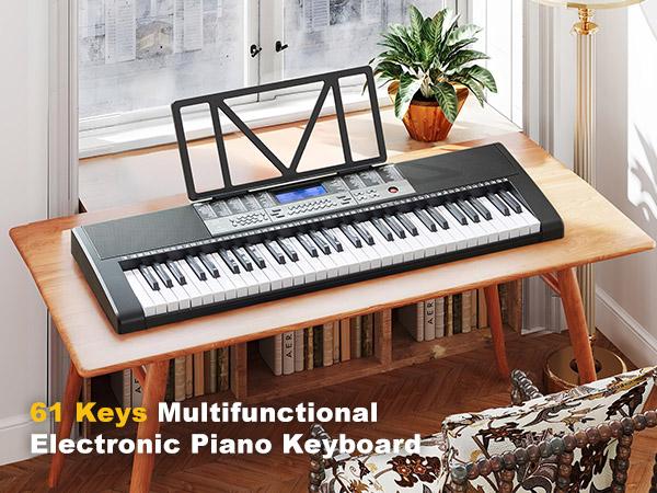 61 Key Piano Keyboard Electric Piano with Light-Up Keys 255 Tones Rhythms Smart Learning System Headphone Microphone Keyboard Stand Stool Stickers Complete Set for Beginners