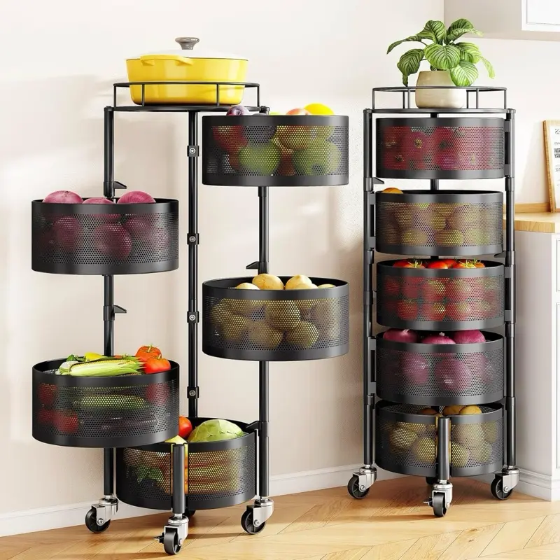 Kitchen Storage Cart, 5-Tier Metal Rolling Carts with Wheels and Basket Rotating Storage Rack, Rolling Snack Cart, for Fruit Potato Onion Vegetable Snack(12.5 * 12.5 * 37.6in) Black