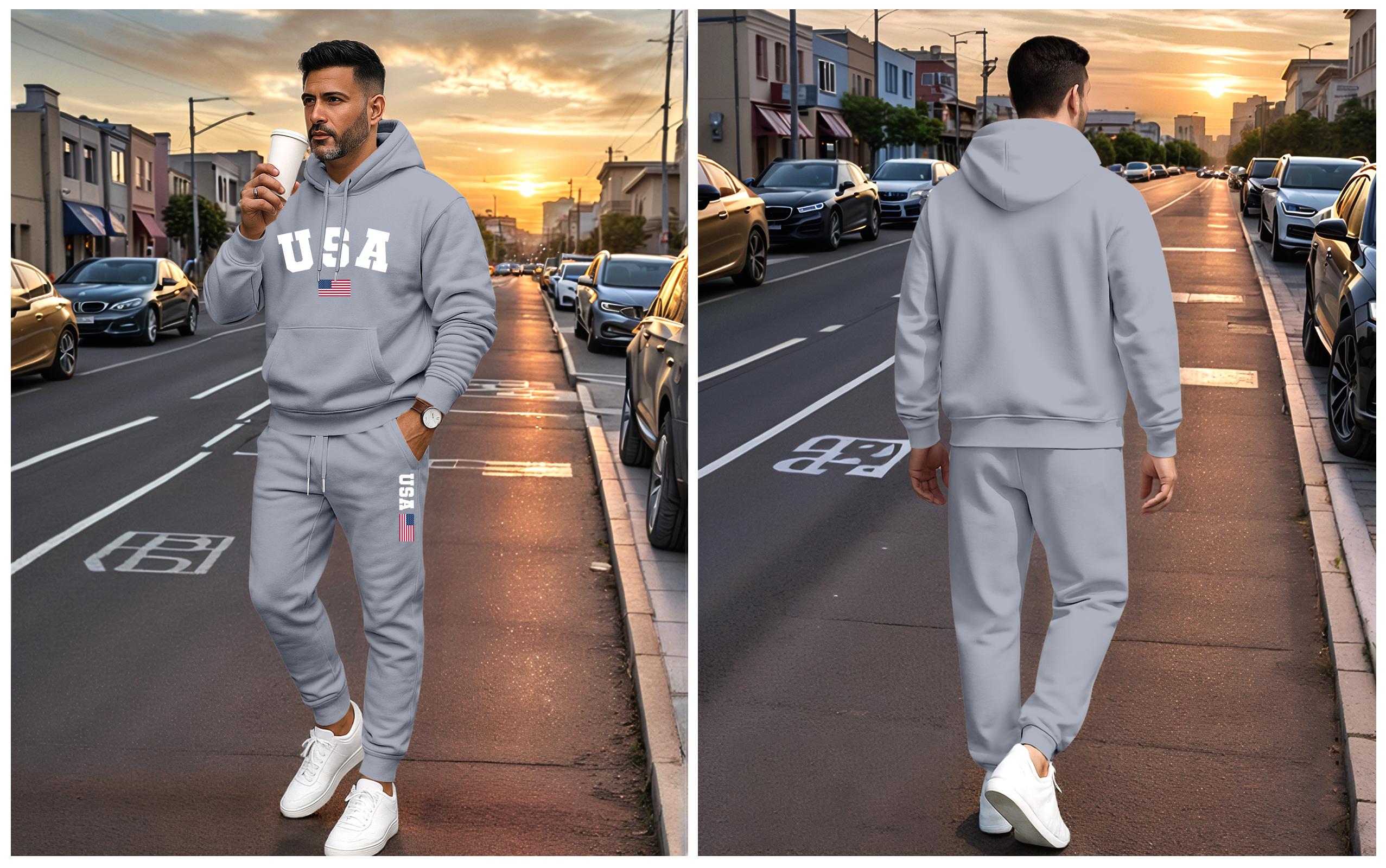 Men's USA Letter Printed Hoodie & Drawstring Sweatpants Set Casual Athletic Long Sleeve Hooded Jacket & Trousers for Fall Winter Spring Autumn 100% Polyester Tracksuit Athleisure