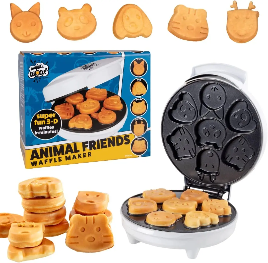 Waffle Wow! Animal Mini Waffle Maker – Makes 7 Fun Animal-Shaped Mini Waffles Including Cat, Dog, Reindeer & More, Nonstick Electric Breakfast Maker