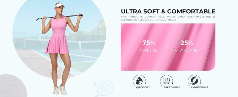 Women's 2 in 1 Drawstring Athletic Tennis Golf Dress Underneath Workout Active Mini Tennis Attire with Built-in Shorts, Dress for Women, Solid Sleeveless Pocket Dress, Tracksuit Ladies Sportswear for Exercise Pickleball, Gym Wear, Athletic Dress