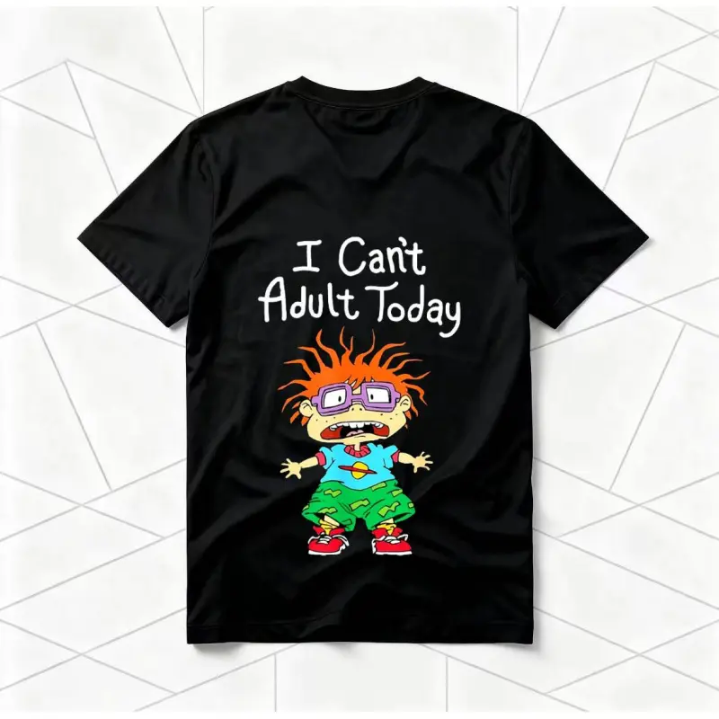 Graphic Tee "I Can't Adult Today" Rugrats Cartoon American Retro Black Short-Sleeved Unisex T-Shirt, Nostalgic 90s Character Graphic, Casual Streetwear for Cartoon & Meme Enthusiasts, Unique Quirky Pop Culture Fashion Statement Piece Game funny crewneck m
