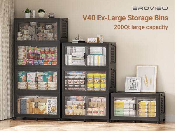 Broview V40 464Qt/600Qt/800Qt Large Stackable Storage Bins with Lid & Wheels, Extra Large Stackable Storage Bins with Dividers,19"D Closet Organizers and Storage Cabinet Shelves Collapsible Box for Home Kitchen