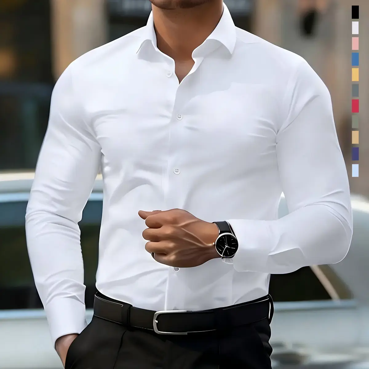 Men’s slim-fit long-sleeve shirt; casual dress shirt with button front for semi-formal and business-casual occasions; men’s formal lining; solid color pointed-collar long-sleeve shirt with button front; Father’s Day gift menswear