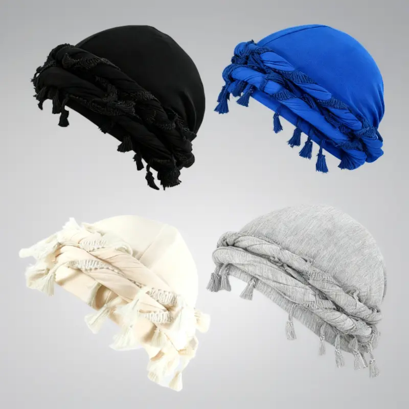 Unisex Satin-Lined Polyester Turban Beanie - Textured Knit Boho Vintage Style, Draping Design, Adjustable 55-60cm One-Size, Lightweight Flexible Casual Clothes Accessory for Adults, Solid Colors, Men's Accessories